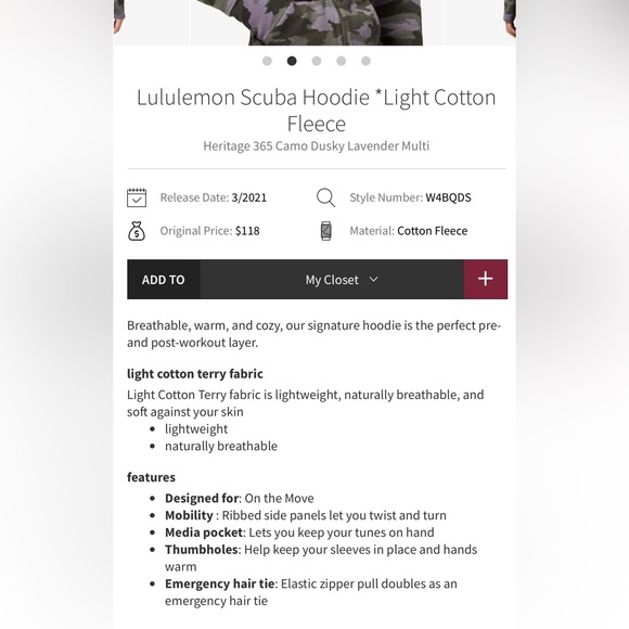 Lululemon Scuba Hoodie Light Cotton Fleece Camo
Lavender Size 4 - Picture 13 of 13